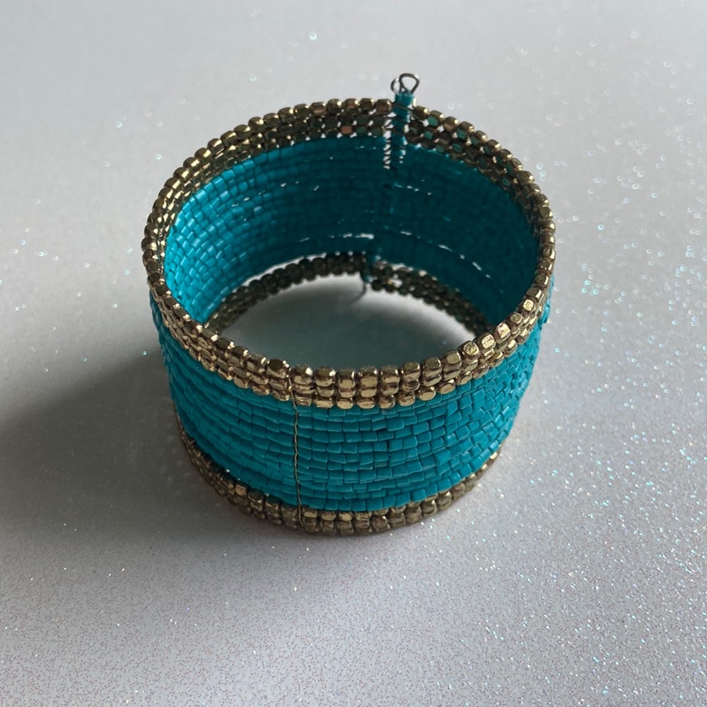 Teal and Gold Beaded Bangle Cuff Bracelet